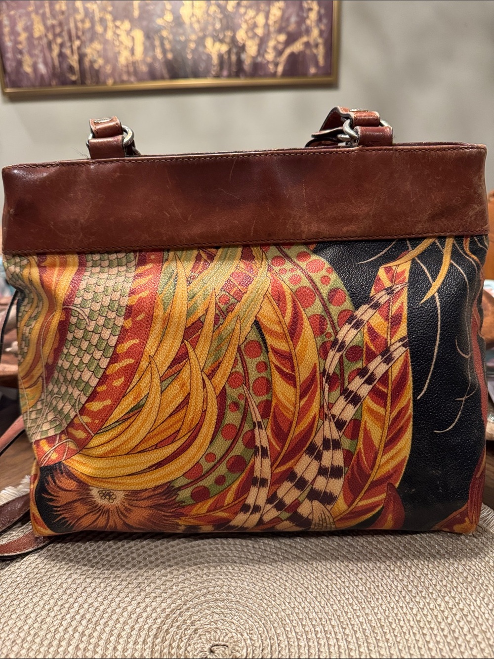 Salvatore Ferragamo Brown Leather & Multicolor Floral Canvas Shoulder Bag - Picture 3 of 14